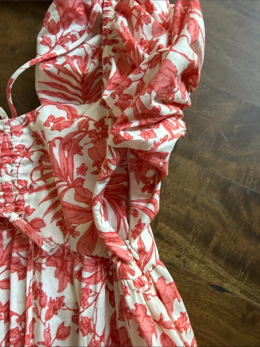 Aqua Coral and Creme White Floral Cotton Maxi Dress with Puff Sleeves Sz Small